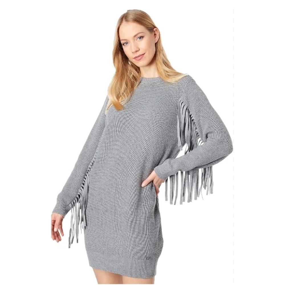 Ted Baker Grey Fringe Sleeve Ribbed Coccoon Knitted Sweater Boho Size 6 Womens